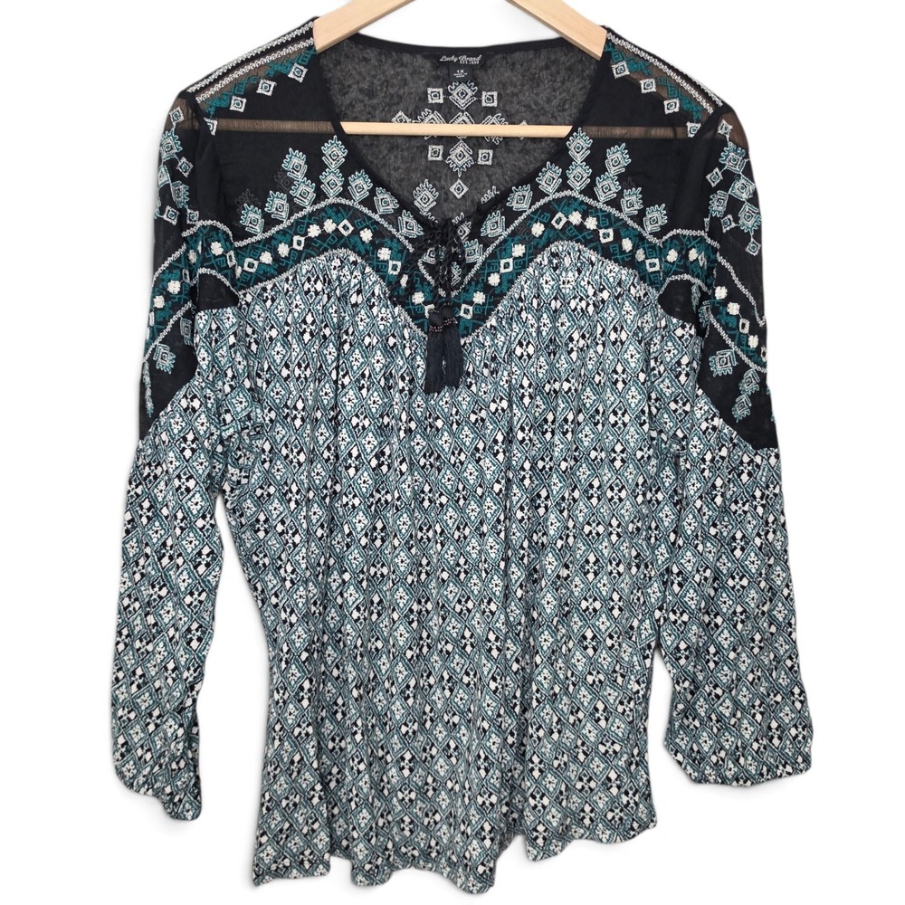 Lucky Brand Top Womens 1X Black Teal Embroidered Boho Peasant Tassel Blouse